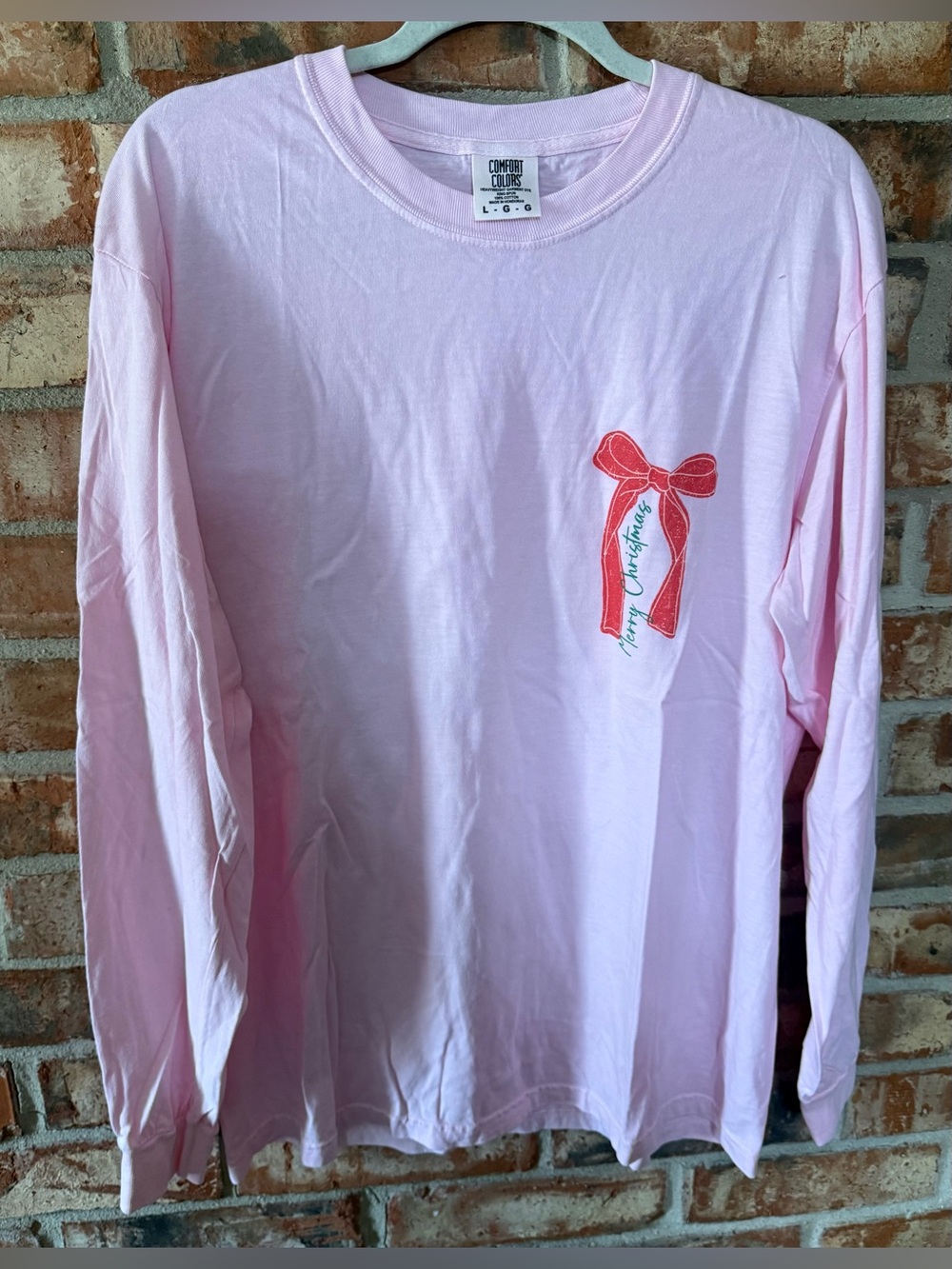 Comfort Colors Light Pink Long Sleeve Tee w/ Red Bow Chest and Bow Tree back